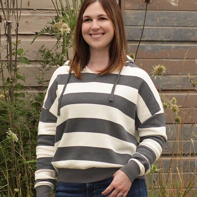 SEW N STTICHES - MV SPORT - Women's Striped Fleece Boxy Hooded Sweatshirt Thumbnail